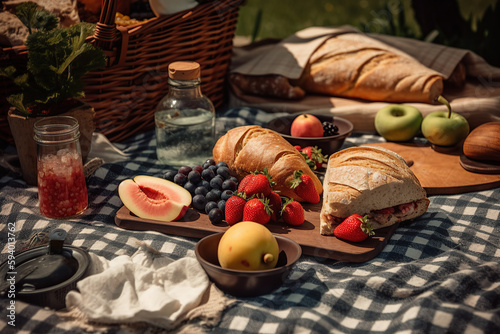 Enjoy a sunny day out with this picture-perfect summer picnic scene featuring a checkered blanket, delicious sandwiches, and fresh fruit generative ai