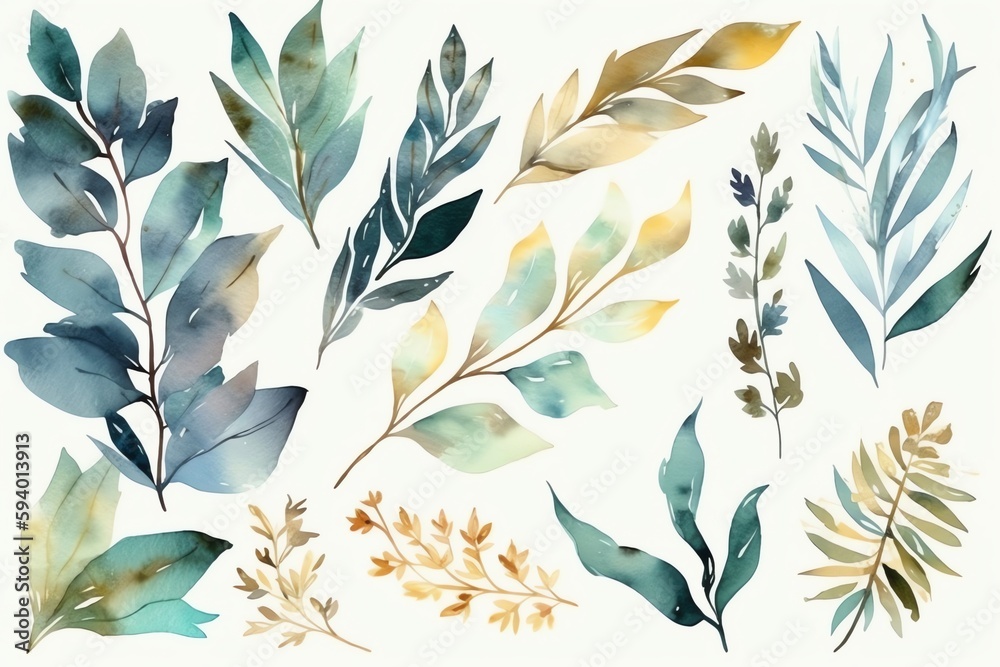Watercolor floral set with gold green leaf branches for weddings and fashion. Generative AI