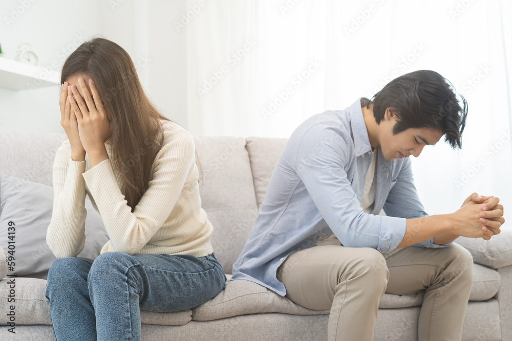 Breakup and depressed, young quarrel couple love hand cover face, fight relationship in trouble. Different people emotion angry. Argue wife has expression, upset with husband. Problem of family people Breakup and depressed, young quarrel couple love hand cover face, fight relationship in trouble. Different people emotion angry. Argue wife has expression, upset with husband. Problem of family people