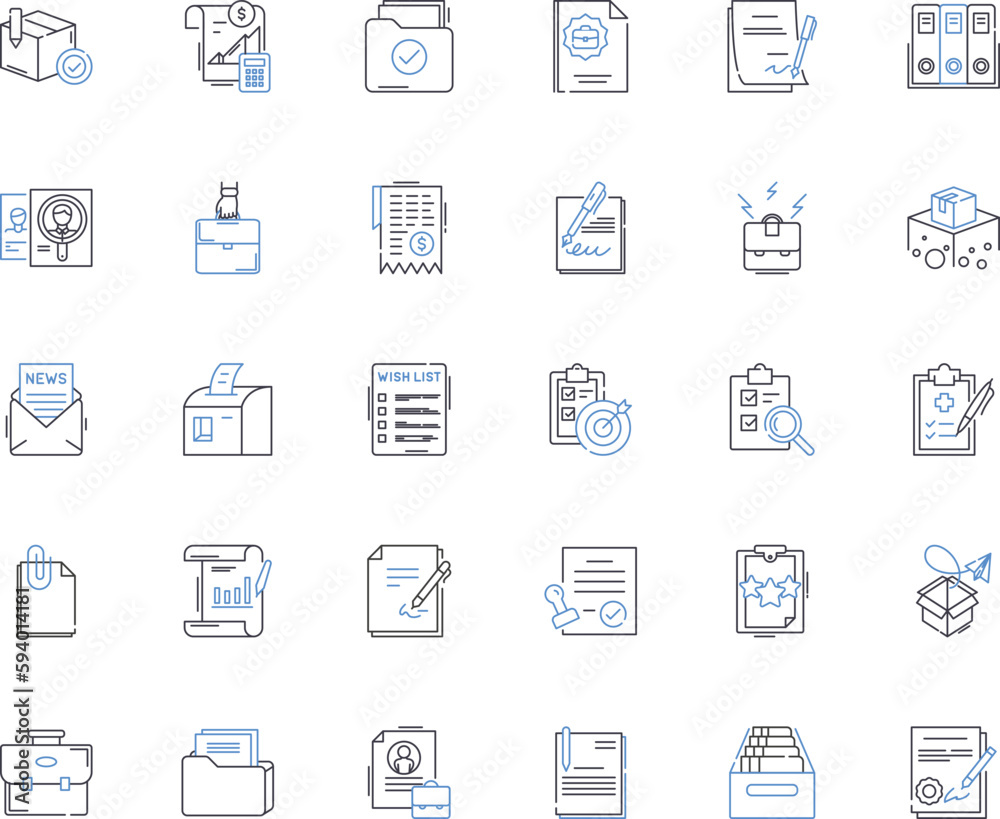 Portfolios and sheets line icons collection. Display, Showcase, Storage, Organization, Presentation, Portfolio, Folder vector and linear illustration. Sheet,Protector,Archival outline signs set