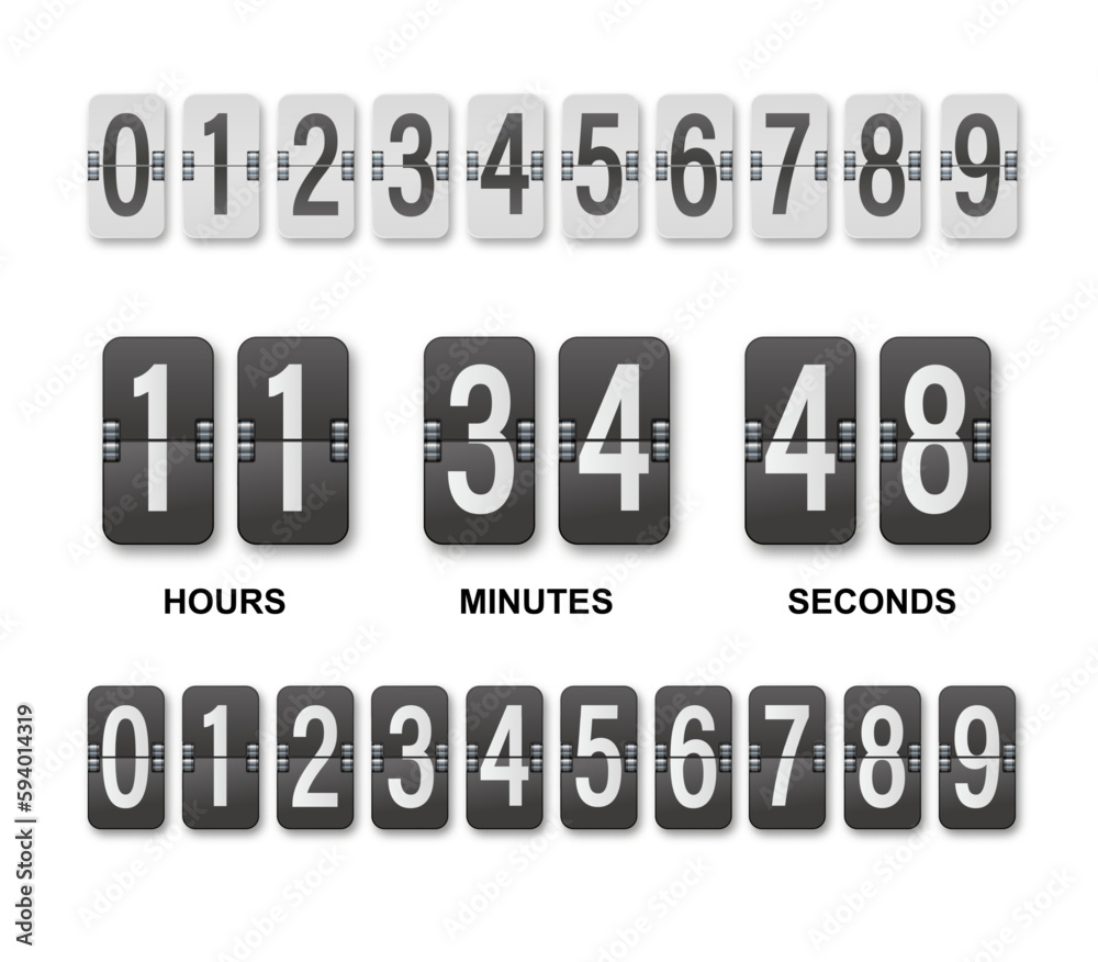 Clock countdown display. Set numbers flip watch. Black and white date ...