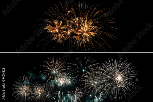 Set of multi-colored fireworks on a black background. Fireworks fly in all directions. overlay. Salute for New Year or Independence Day USA. Generative AI.