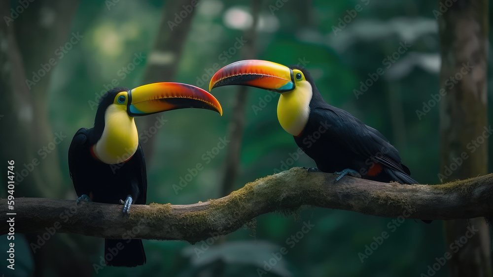Two toucan tropical bird sitting on a tree branch in natural wildlife environment in rainforest jungle. Generative AI
Two toucan tropical bird sitting on a tree branch in natural wildlife environment in rainforest jungle. Generative AI