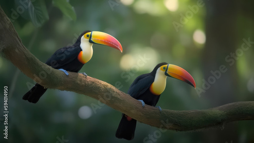 Two toucan tropical bird sitting on a tree branch in natural wildlife environment in rainforest jungle. Generative AI 