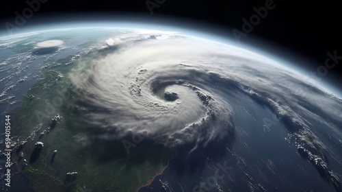 Hurricane or typhoon in the ocean. Powerful storm influenced by climate change. Generative AI