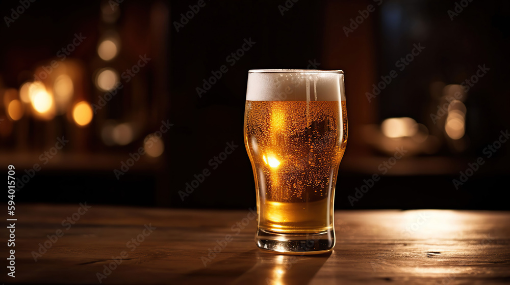 Glass of fresh and cold beer on dark background. generative ai