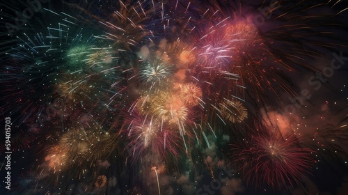 Colorful firework with bokeh background. New Year celebration, Abstract holiday background. Generative ai