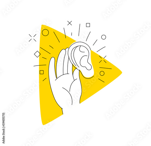 Logo podcast radio broadcast. Hand ear earphone hear gesture