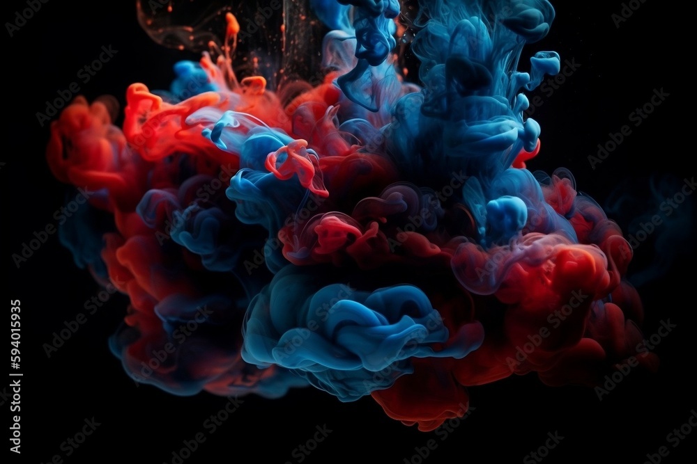 acrylic blue and red colors in water. ink blot. abstract black background. generative AI acrylic blue and red colors in water. ink blot. abstract black background. generative AI