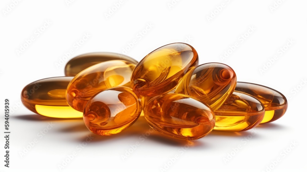 Fish oil gel capsules, omega 3 isolated on white background. Generative AI - obrazy, fototapety, plakaty 