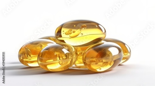 Fish oil gel capsules, omega 3 isolated on white background. Generative AI