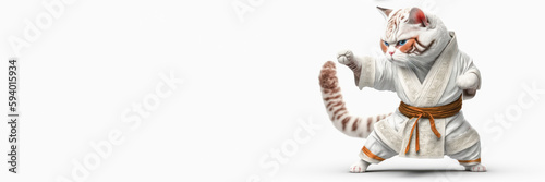 Karate cat. The cat is wearing a kimono. Stands in a fighting pose on a white background. Conceptual banner with animals doing sports. copy space. Generative AI.