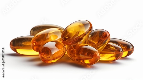Fish oil gel capsules, omega 3 isolated on white background. Generative AI