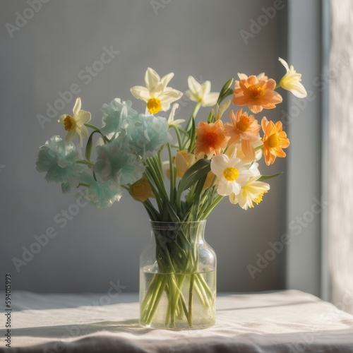 Bouquet of spring flowers in a glass vase. Generative ai