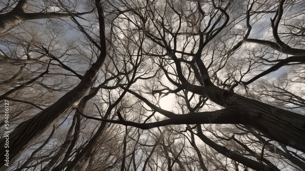 Low Angle View Of Silhouette Bare Trees In Forest. Generative ai Low Angle View Of Silhouette Bare Trees In Forest. Generative ai