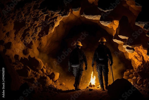 Mines rescue in underground cave. Rescuers control mining safety, generative ai photo