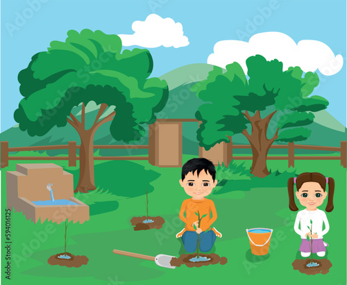 cute boy and girl planting saplings in the garden