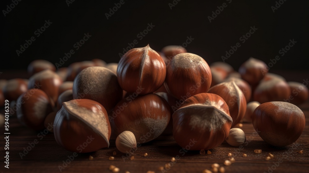 Close up of hazelnuts on black background. Generative ai Close up of hazelnuts on black background. Generative ai