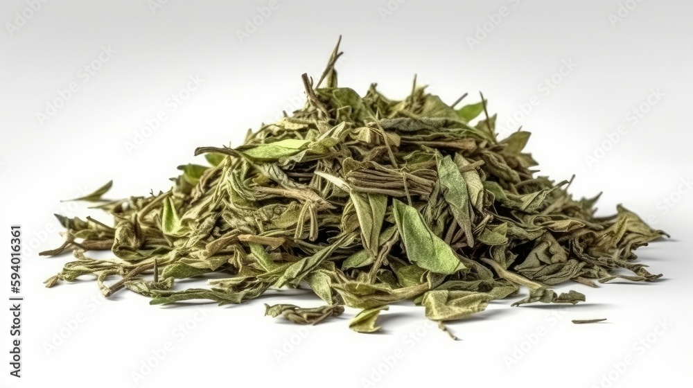 A pile of dried rubbed thyme isolated on white. Generative ai A pile of dried rubbed thyme isolated on white. Generative ai