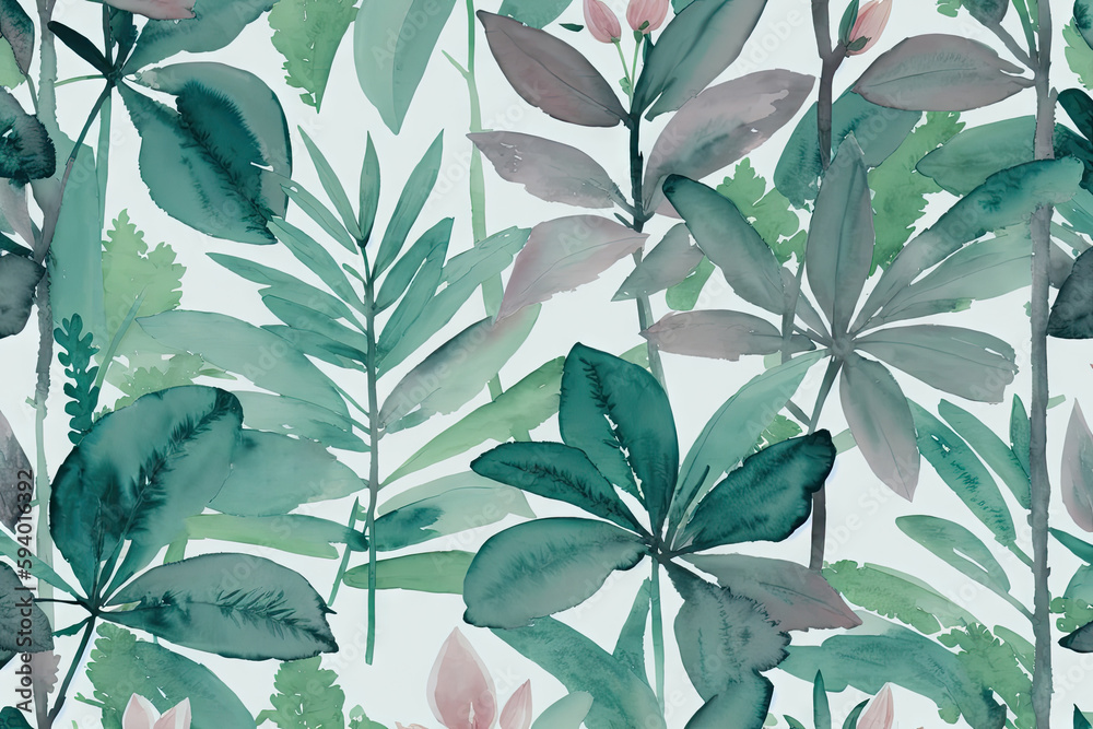 custom made wallpaper toronto digitala watercolor painting of pink flowers and green leaves, generative ai