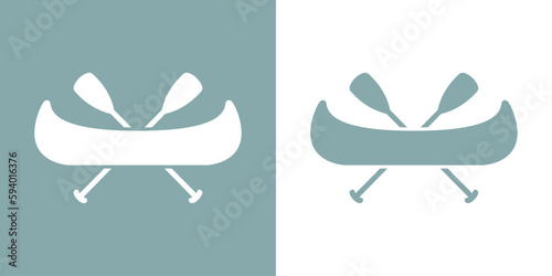 Icono canoa. Logo aislado con silueta lineal de remo cruzado sobre kayak o canoa