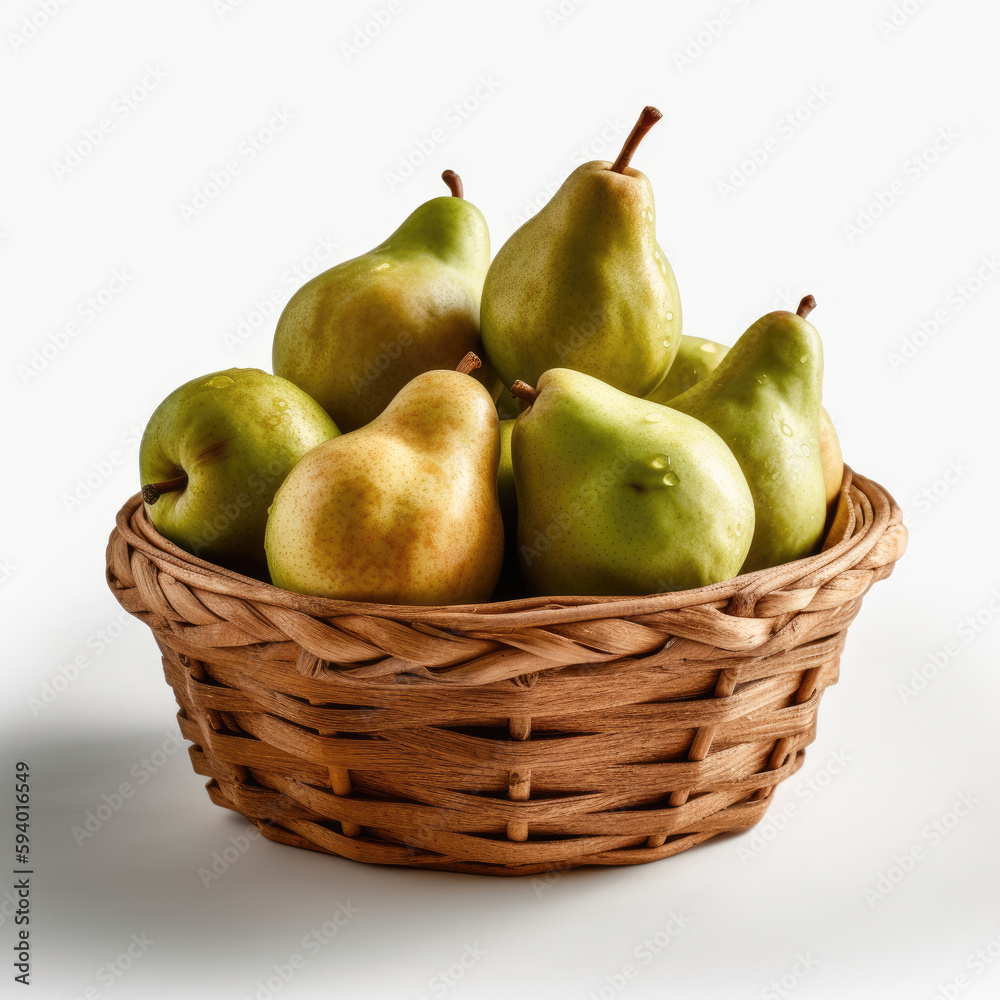 A stunningly cinematic shot of a bushel of crisp and refreshing pears. The pears look juicy and delectable, perfectly illuminated by accent lighting against a pure white background. A stunningly cinematic shot of a bushel of crisp and refreshing pears. The pears look juicy and delectable, perfectly illuminated by accent lighting against a pure white background.