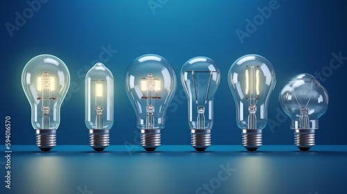 Light bulbs on blue background, ideas, genius, Illuminated Ideas, wallpaper, electricity. Generative ai