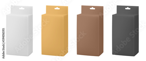 Set of paper packaging boxes with hanging hole. Blank product package mockup. White, gold, black and brown packs.