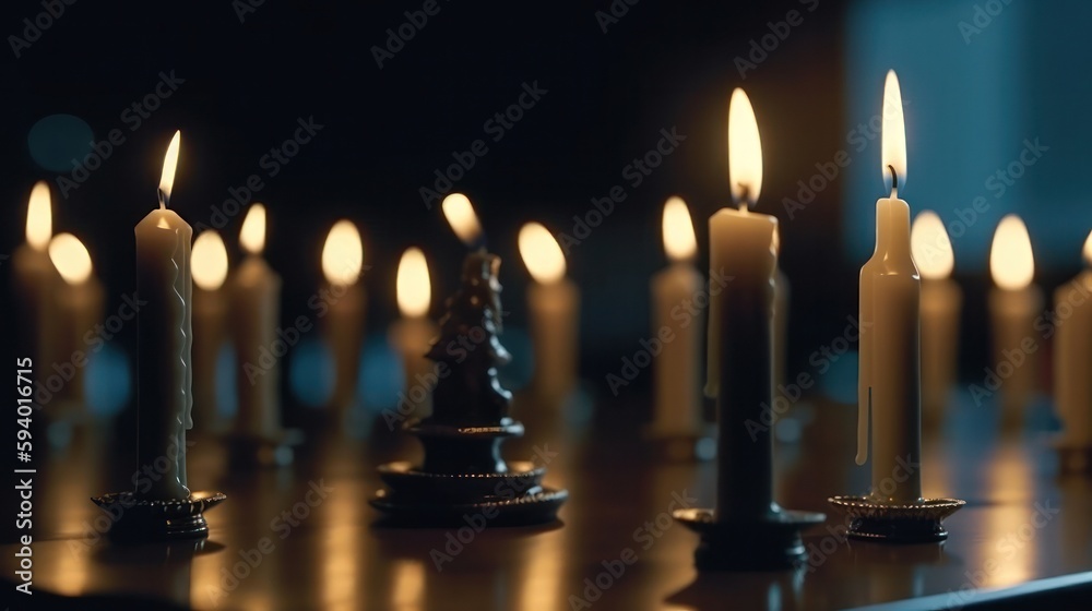 Row of candles against black background. Generative ai