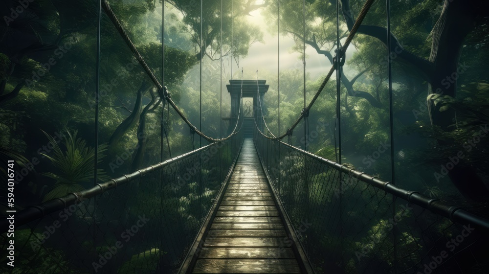 Fototapeta premium Suspension bridge in green forest under rain. Generative ai