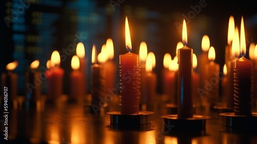 Row of candles against black background. Generative ai