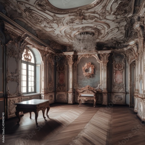 Room of a palace with baroque decoration. Ai Generative.