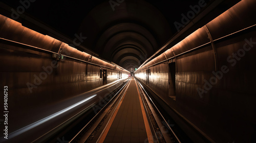 Subway tunnel with blurred light tracks with arriving train in the opposite direction, © sopiangraphics