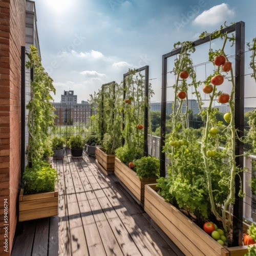 Urban garden with tomatoes in the terrace of a building, Ai Generative.