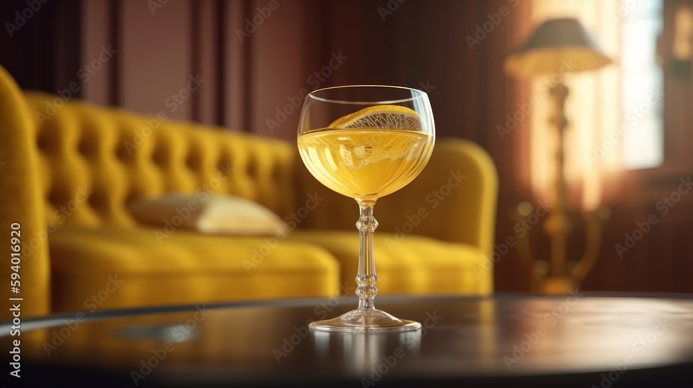 Yellow cocktail glass in a yellow luxury interior. Generative ai