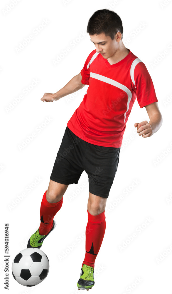 Young Male Soccer Player with ball on white background