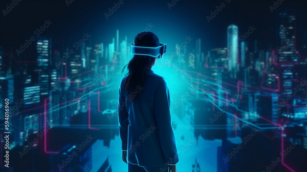 Woman wearing VR headset overlooking the city at night Generative AI Woman wearing VR headset overlooking the city at night Generative AI