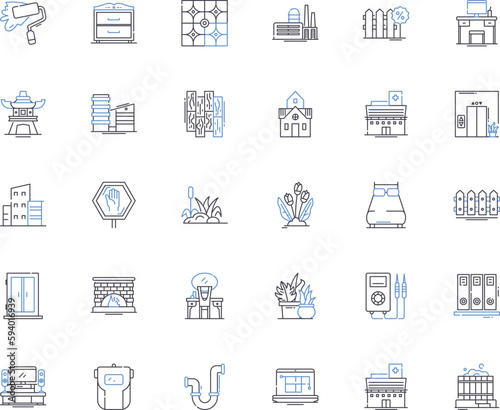 Shopping complex line icons collection. Mall, Center, Plaza, Arcade, Emporium, Bazaar, Market vector and linear illustration. Outlet,Pavilion,Promenade outline signs set