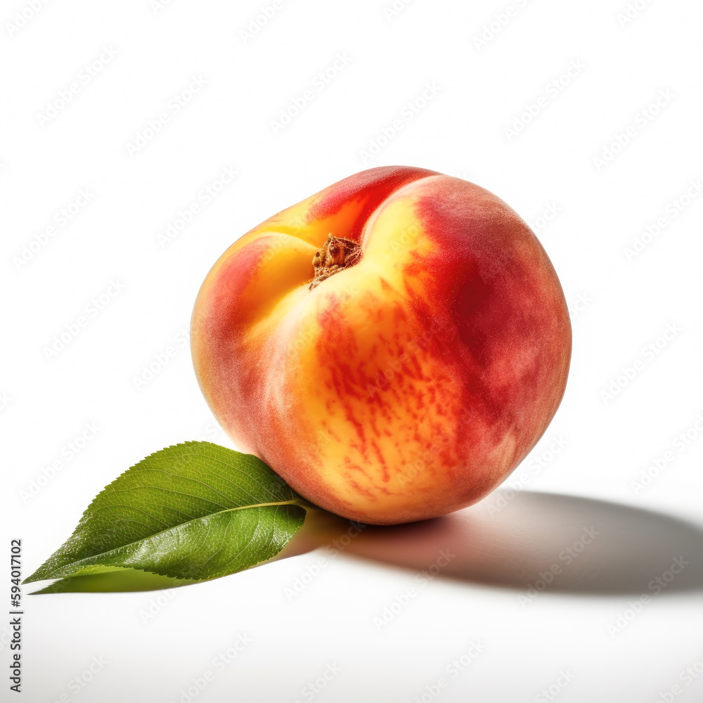 A stunningly cinematic shot of a Peach . The Peach look juicy and delectable, perfectly illuminated by accent lighting against a pure white background. A stunningly cinematic shot of a Peach . The Peach look juicy and delectable, perfectly illuminated by accent lighting against a pure white background.