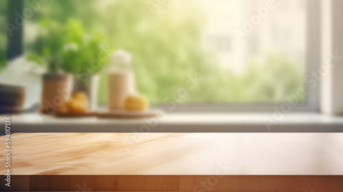 Wooden texture table top on blurred kitchen window background. For product display or design key visual layout. For showcase or montage your items (or foods). Product display mock up. Generative AI
