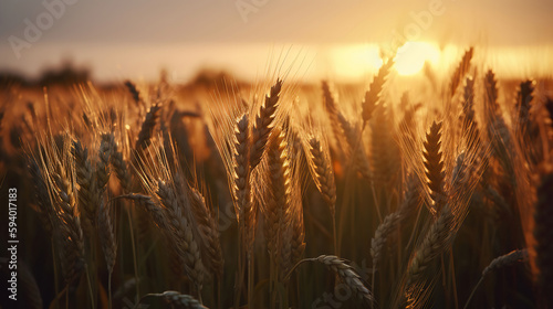 Sunset wheat golden field in the evening. Growth nature harvest. Agriculture farm. Generative Ai