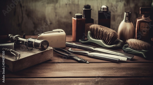 Vintage barber shop tools on wood background with place for text. Generative Ai