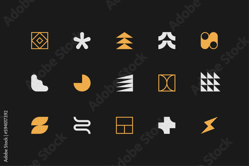 Symbols set. Abstract and basic shapes. Geometric forms. Minimalist icons. Flat vector concept. Modern signs. Isolated elements. Neo geo art.