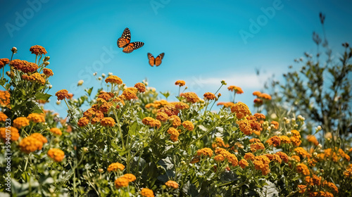 Bright colorful summer spring flower border. Natural landscape with many orange lantana flowers and fluttering butterflies Lycaena phlaeas against blue sky on sunny day. generative ai © sopiangraphics