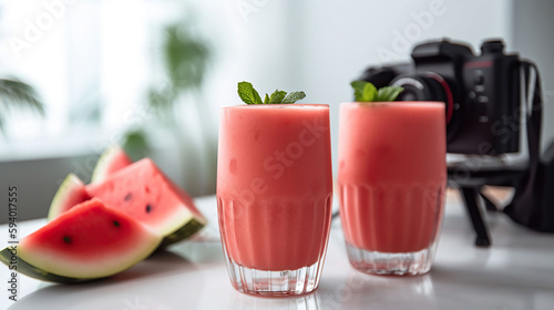 Close-up fresh watermelon juice or smoothie in glasses with watermelon. Refreshing summer drink. generative ai