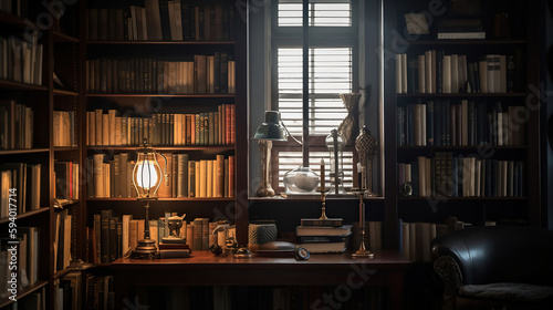 Cozy home library interior with collection of different books on shelves and comfortable place for reading. Generative AI
