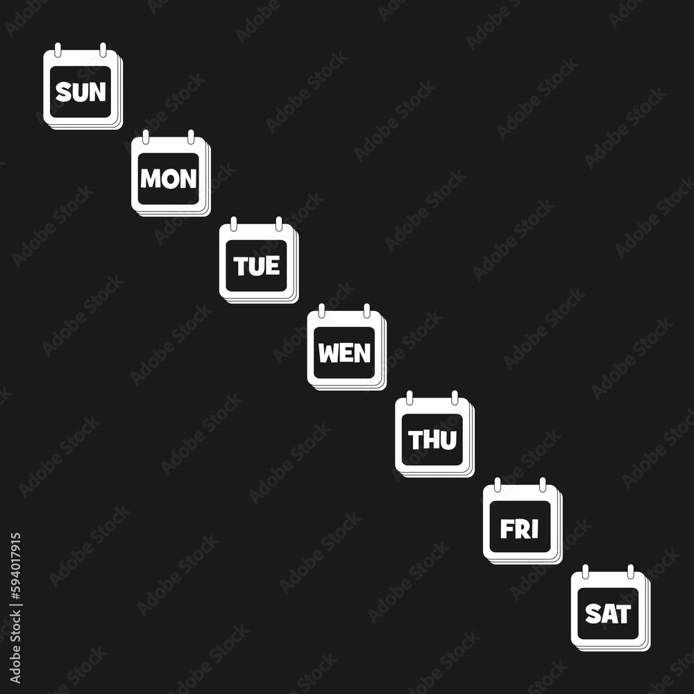 Calendar icons with days of the week isolated on black background Calendar icons with days of the week isolated on black background