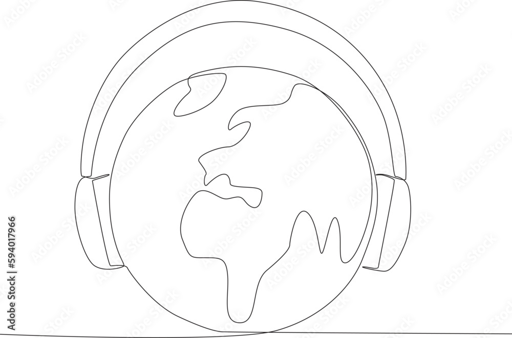 A world of listening to music with headphones. World music day one-line drawing