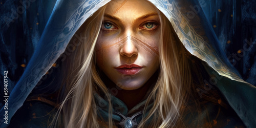 fantasy elegant elven rogue with long, flowing blonde hair, dnd character concept, generative ai