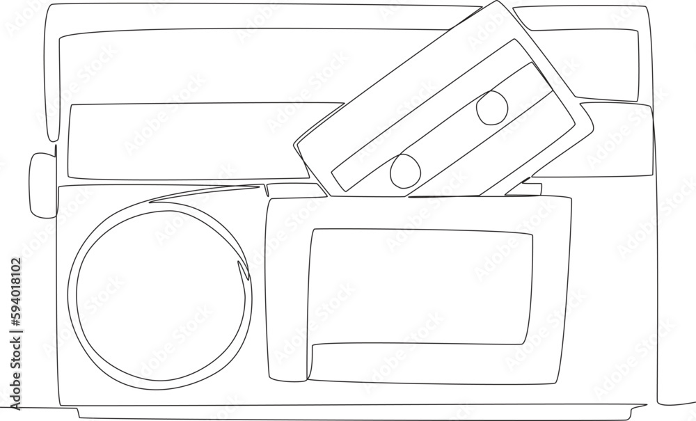A tape recorder and music tape. World music day one-line drawing A tape recorder and music tape. World music day one-line drawing